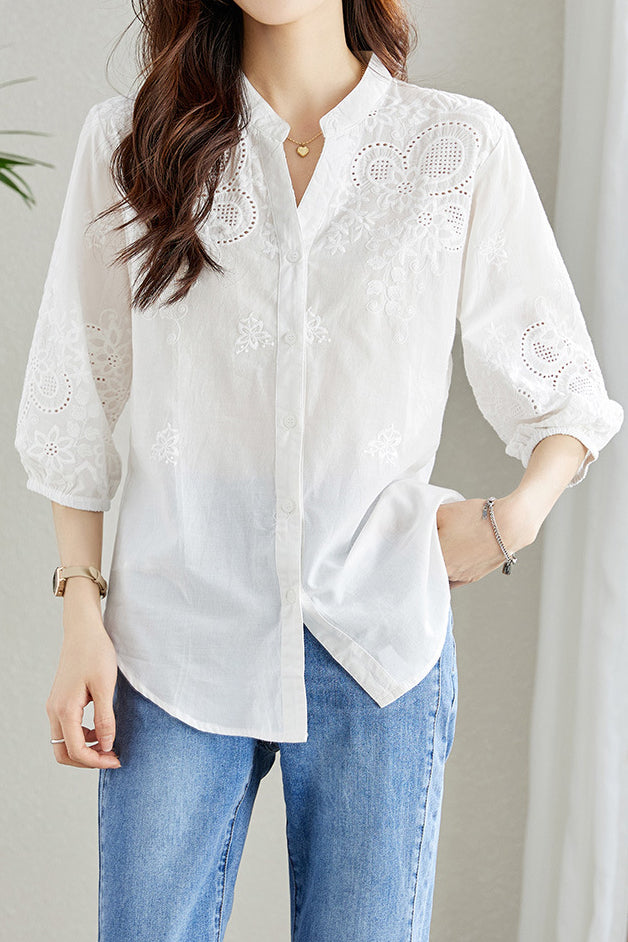 Embroidered and Hollowed Solid-color Shirt - liwisi