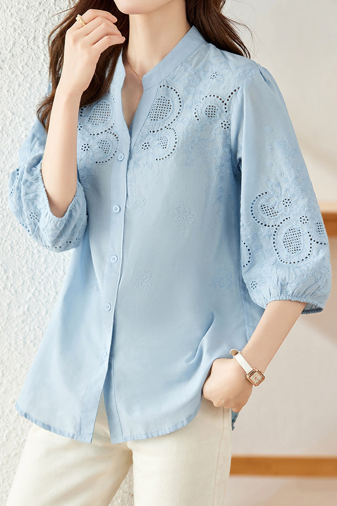 Embroidered and Hollowed Solid-color Shirt - liwisi