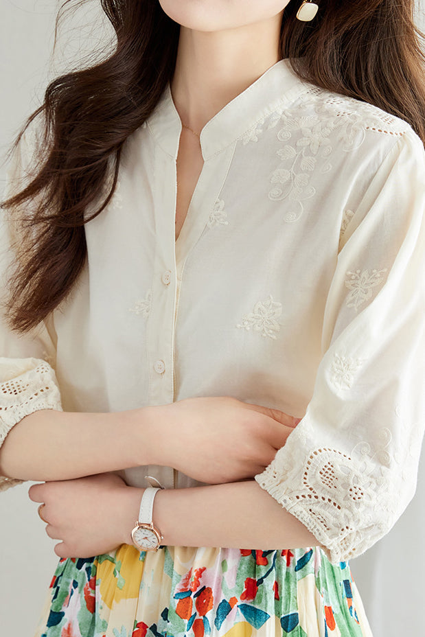 Embroidered and Hollowed Solid-color Shirt - liwisi