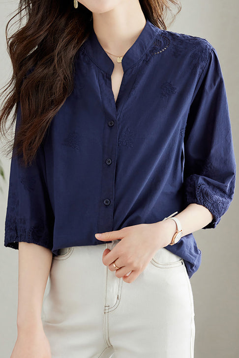 Embroidered and Hollowed Solid-color Shirt - liwisi