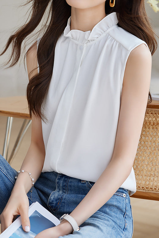Solid Colored Ruffled Sleeveless Shirt - liwisi