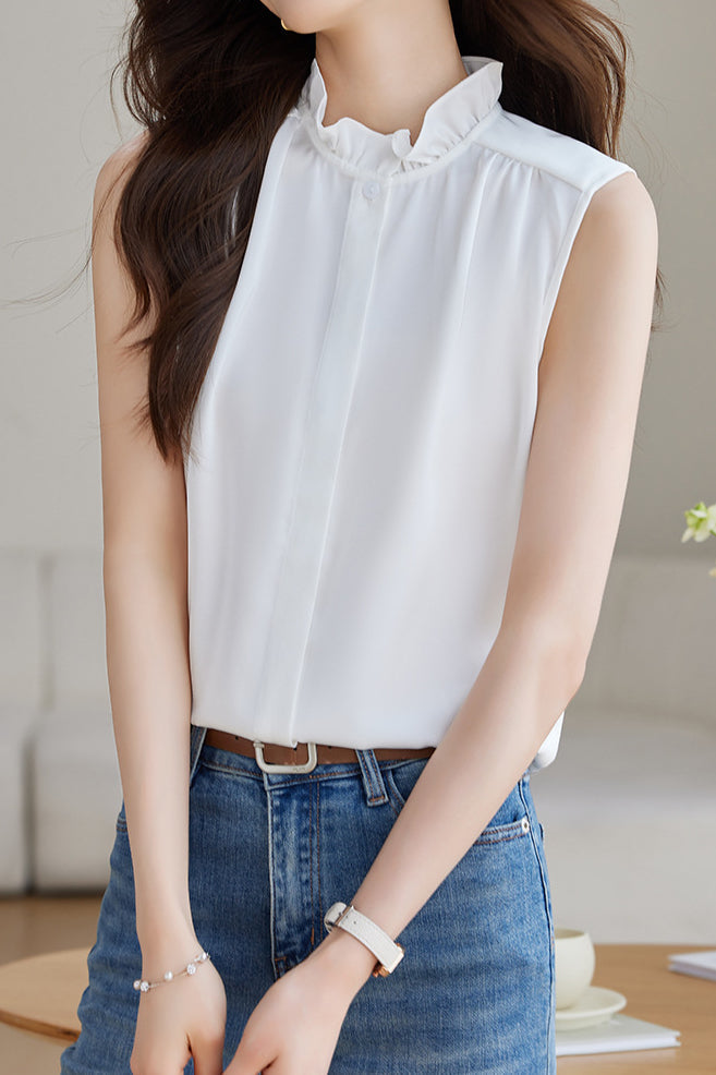 Solid Colored Ruffled Sleeveless Shirt - liwisi