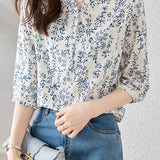 Floral Three-quarter Sleeve Shirt - liwisi