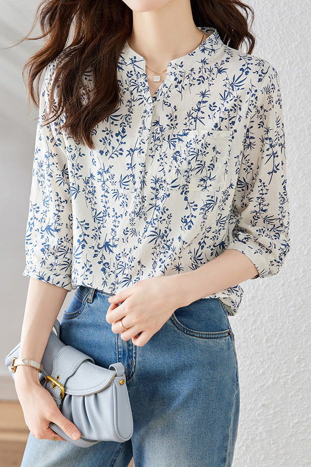 Floral Three-quarter Sleeve Shirt - liwisi