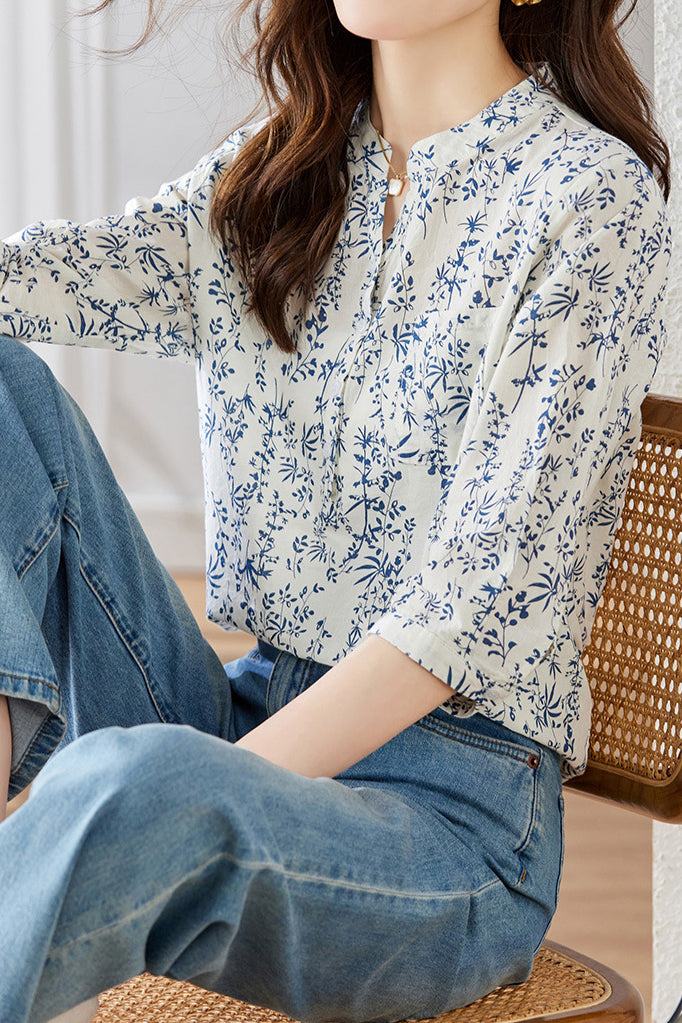 Floral Three-quarter Sleeve Shirt - liwisi