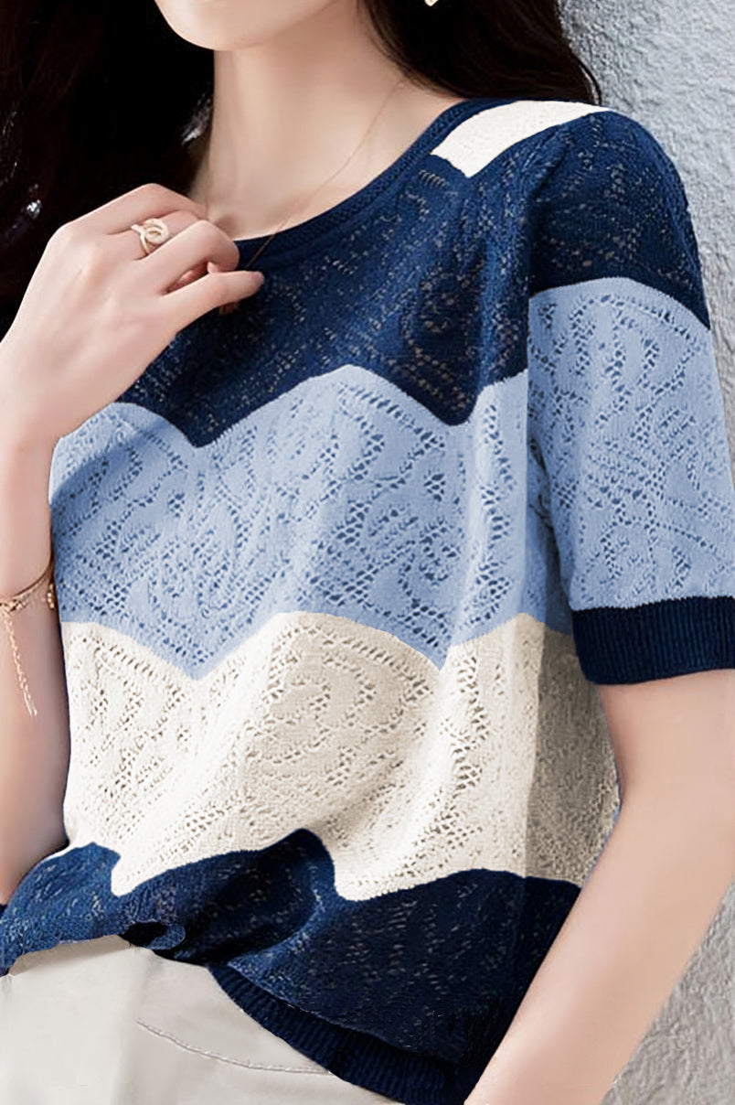 Color Blocked Hollowed Knitted Short Sleeve Shirt - liwisi