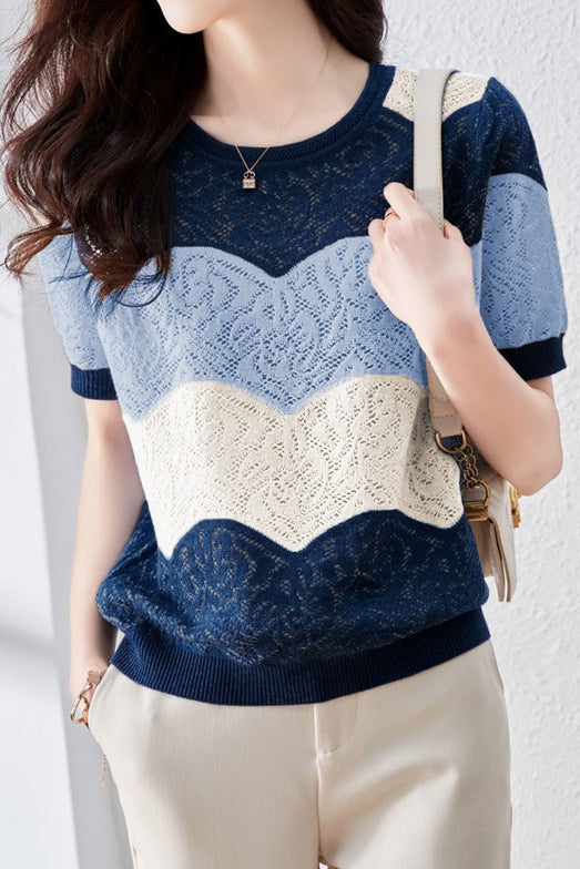Color Blocked Hollowed Knitted Short Sleeve Shirt - liwisi