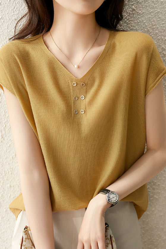 V-neck Solid Color Knitted T-shirt - liwisi