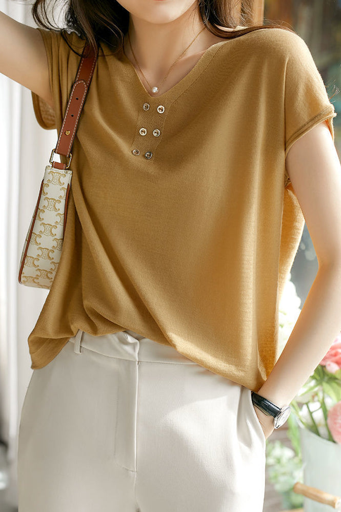V-neck Solid Color Knitted T-shirt - liwisi