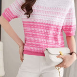 Color Blocked Checked Knitted T-shirt - liwisi