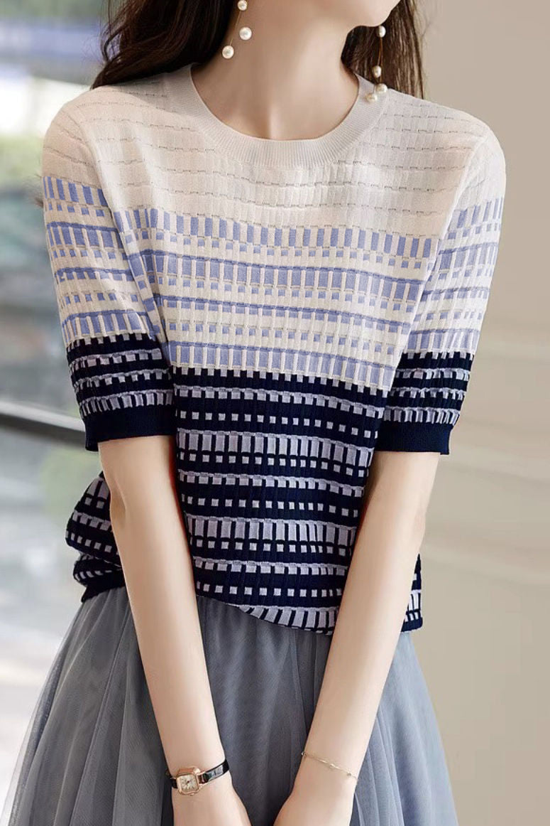 Color Blocked Checked Knitted T-shirt - liwisi