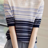 Color Blocked Checked Knitted T-shirt - liwisi