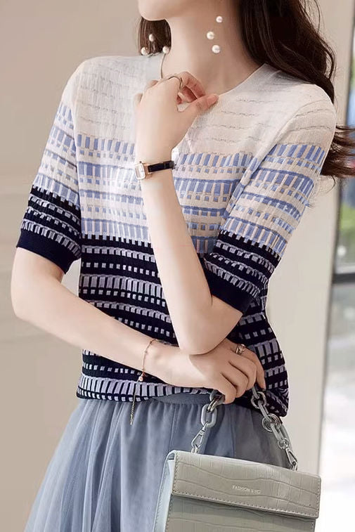 Color Blocked Checked Knitted T-shirt - liwisi