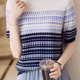 Color Blocked Checked Knitted T-shirt - liwisi