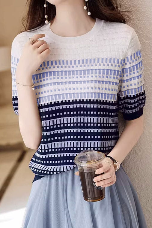 Color Blocked Checked Knitted T-shirt - liwisi