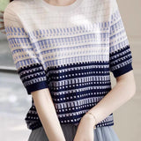 Color Blocked Checked Knitted T-shirt - liwisi