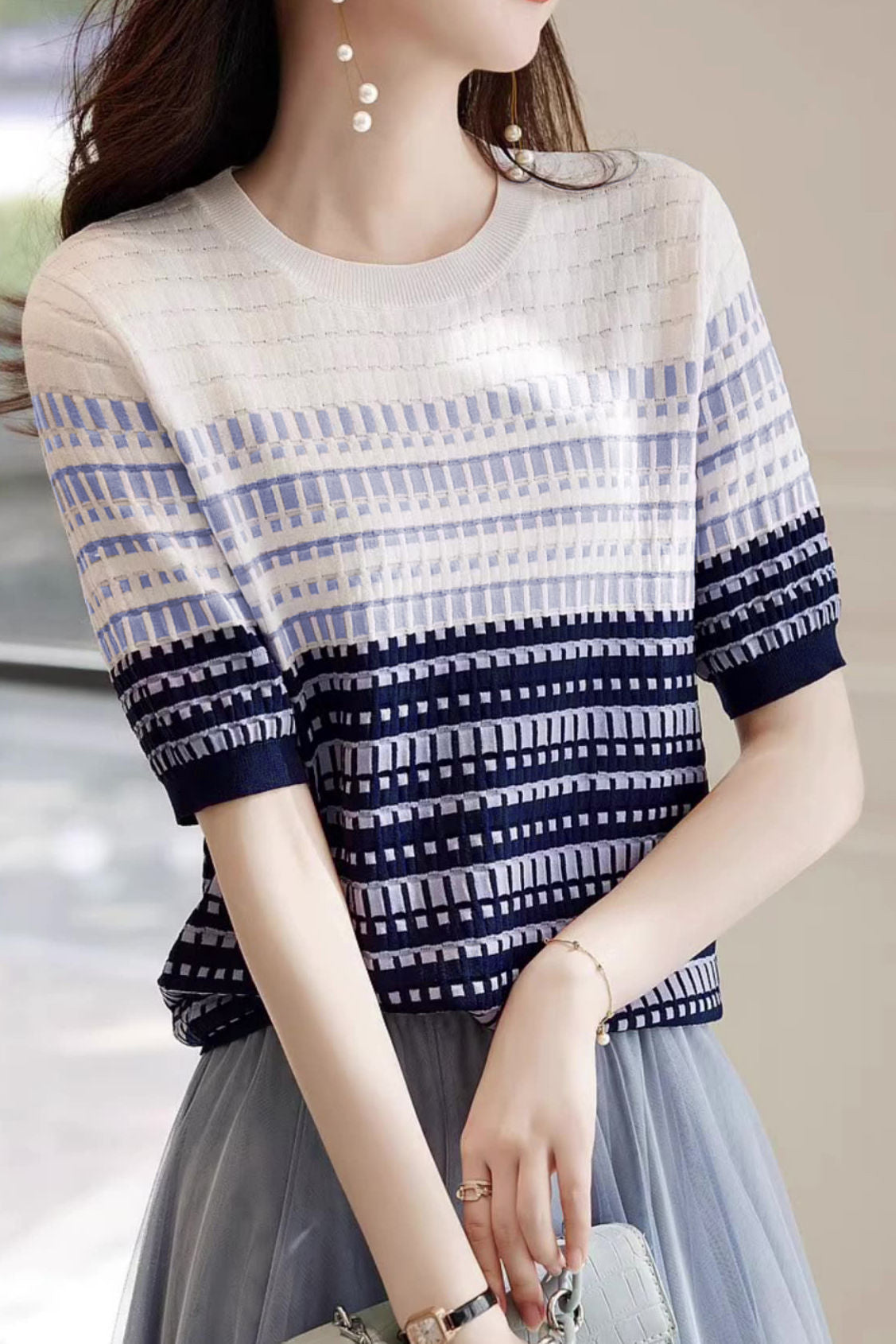 Color Blocked Checked Knitted T-shirt - liwisi