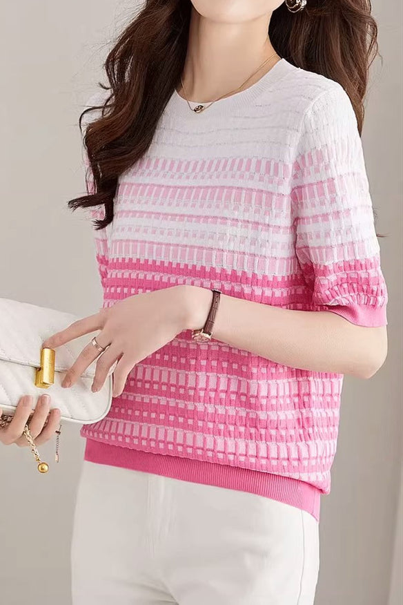 Color Blocked Checked Knitted T-shirt - liwisi