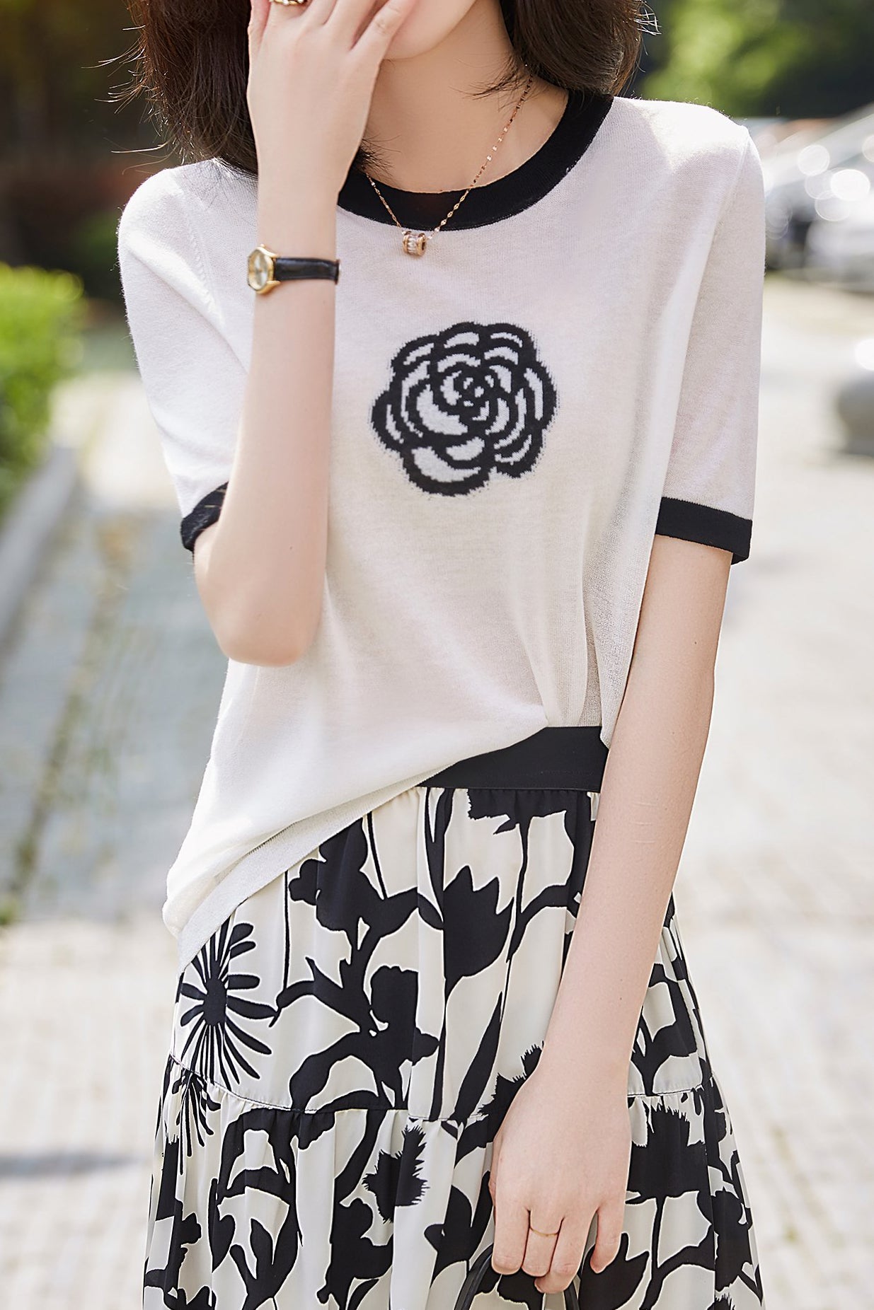 Round Neck Color Blocked Floral Knitted T-shirt - liwisi