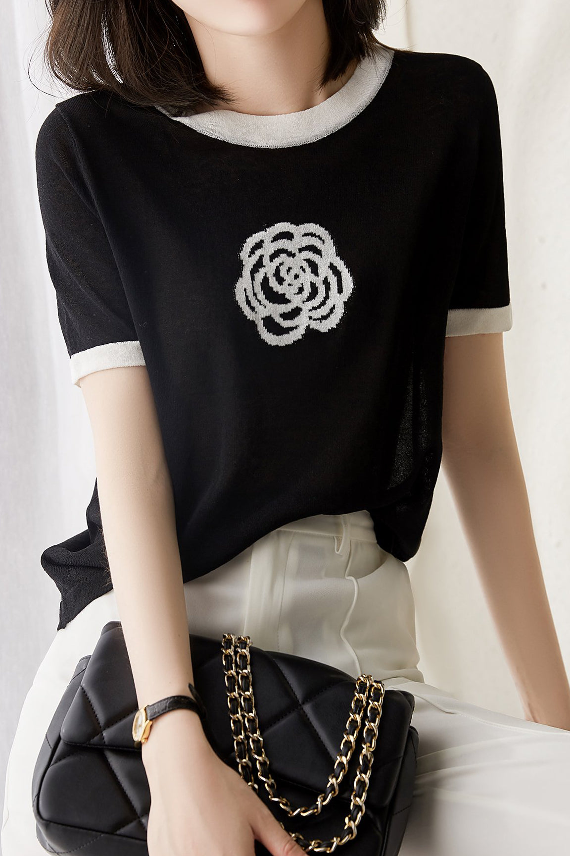 Round Neck Color Blocked Floral Knitted T-shirt - liwisi