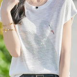 Stylish Swan Rhinestone Embellished T-shirt - liwisi