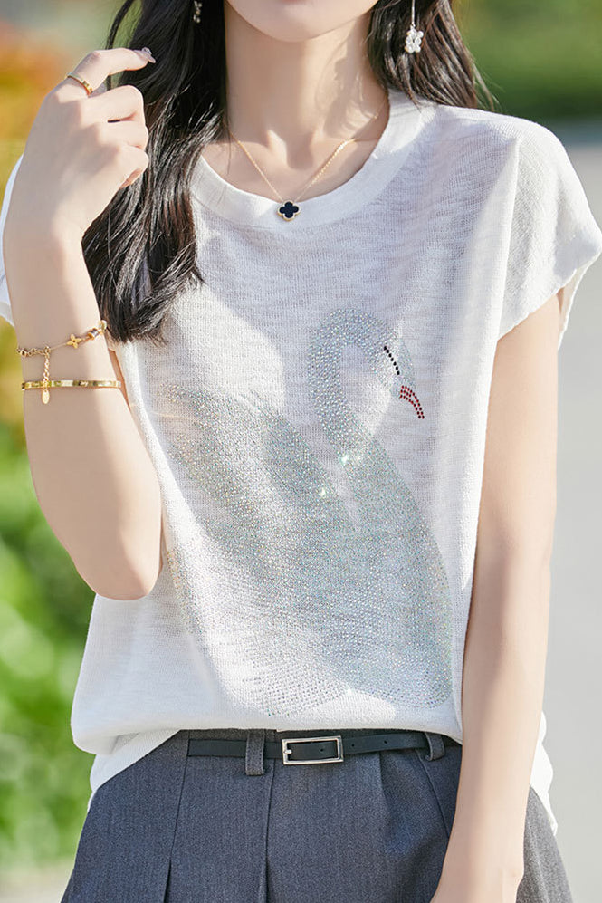 Stylish Swan Rhinestone Embellished T-shirt - liwisi