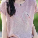Stylish Swan Rhinestone Embellished T-shirt - liwisi