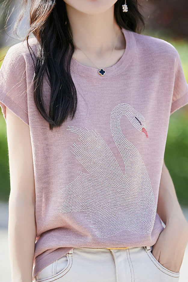 Stylish Swan Rhinestone Embellished T-shirt - liwisi