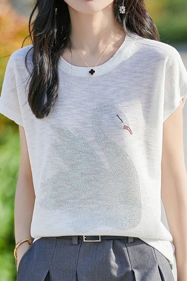Stylish Swan Rhinestone Embellished T-shirt - liwisi