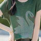 Stylish Swan Rhinestone Embellished T-shirt - liwisi