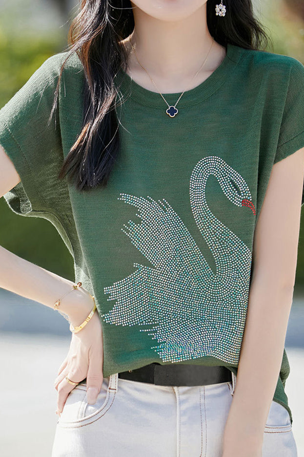 Stylish Swan Rhinestone Embellished T-shirt - liwisi