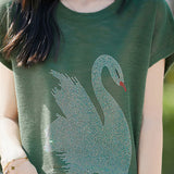 Stylish Swan Rhinestone Embellished T-shirt - liwisi