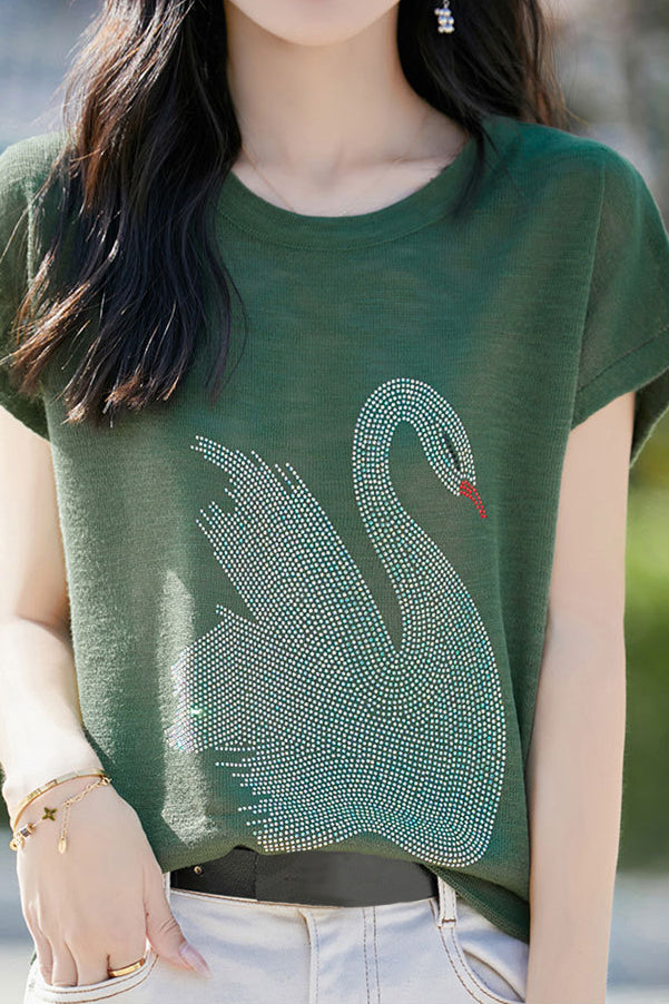 Stylish Swan Rhinestone Embellished T-shirt - liwisi
