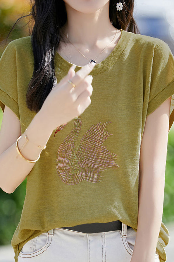 Stylish Swan Rhinestone Embellished T-shirt - liwisi