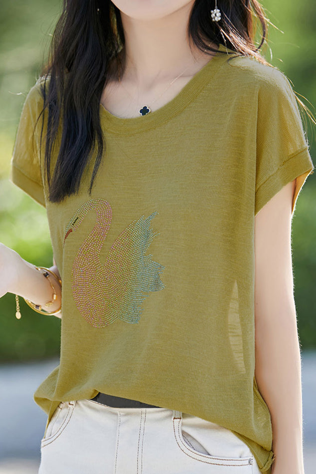 Stylish Swan Rhinestone Embellished T-shirt - liwisi