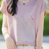 Stylish Swan Rhinestone Embellished T-shirt - liwisi