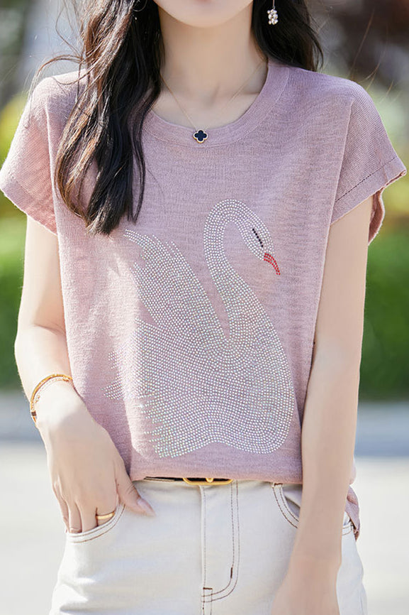 Stylish Swan Rhinestone Embellished T-shirt - liwisi