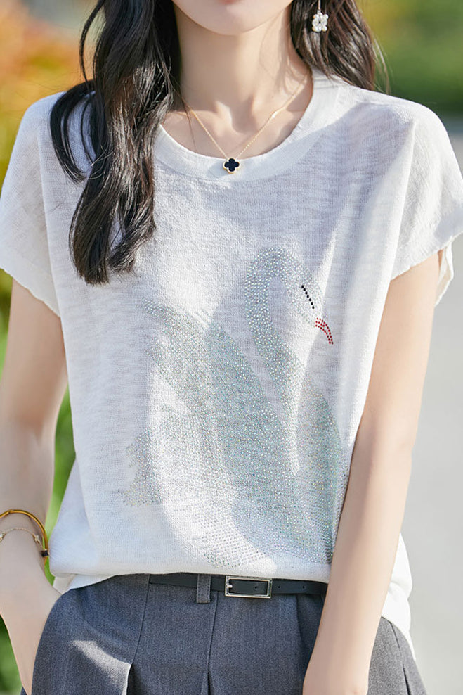 Stylish Swan Rhinestone Embellished T-shirt - liwisi