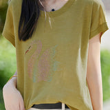 Stylish Swan Rhinestone Embellished T-shirt - liwisi