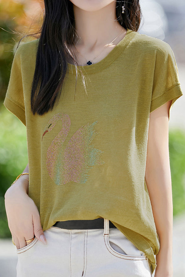 Stylish Swan Rhinestone Embellished T-shirt - liwisi