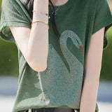Stylish Swan Rhinestone Embellished T-shirt - liwisi