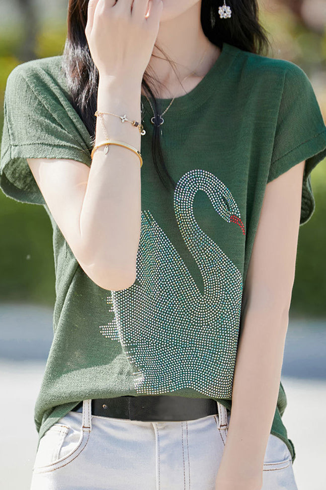 Stylish Swan Rhinestone Embellished T-shirt - liwisi