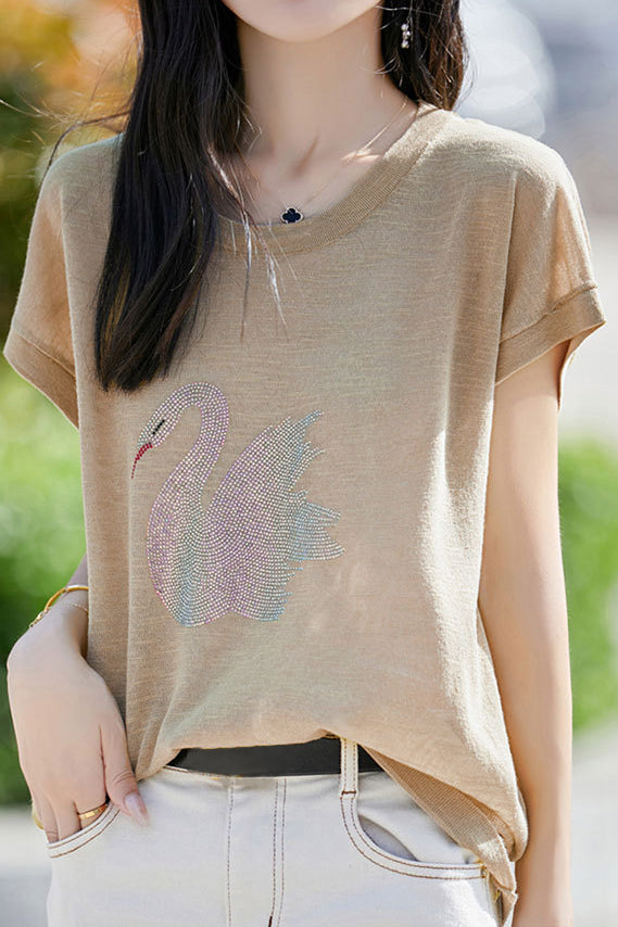 Stylish Swan Rhinestone Embellished T-shirt - liwisi