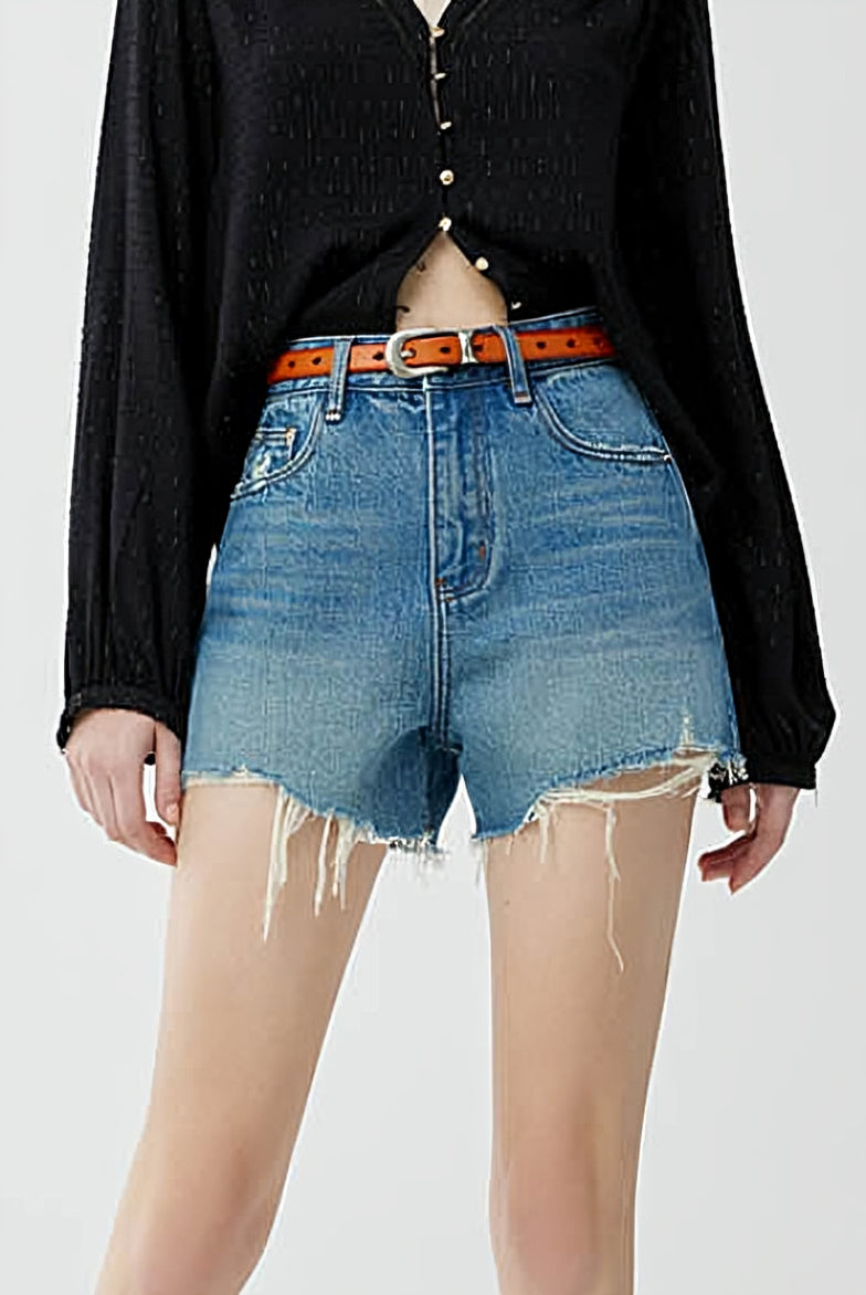 High-waisted Denim Shorts with Frayed Edges - liwisi