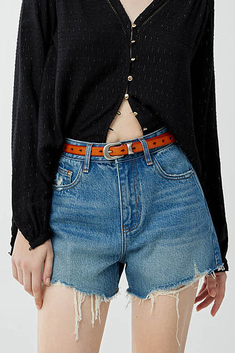 High-waisted Denim Shorts with Frayed Edges - liwisi
