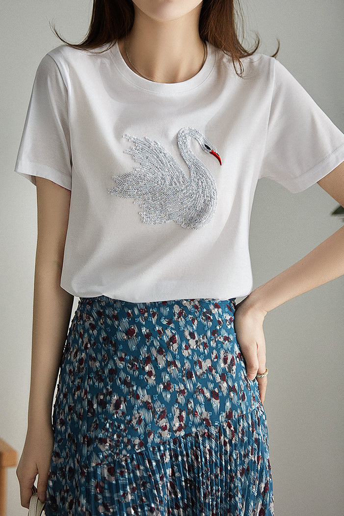 Elegant Swan Sequin T-Shirt - liwisi