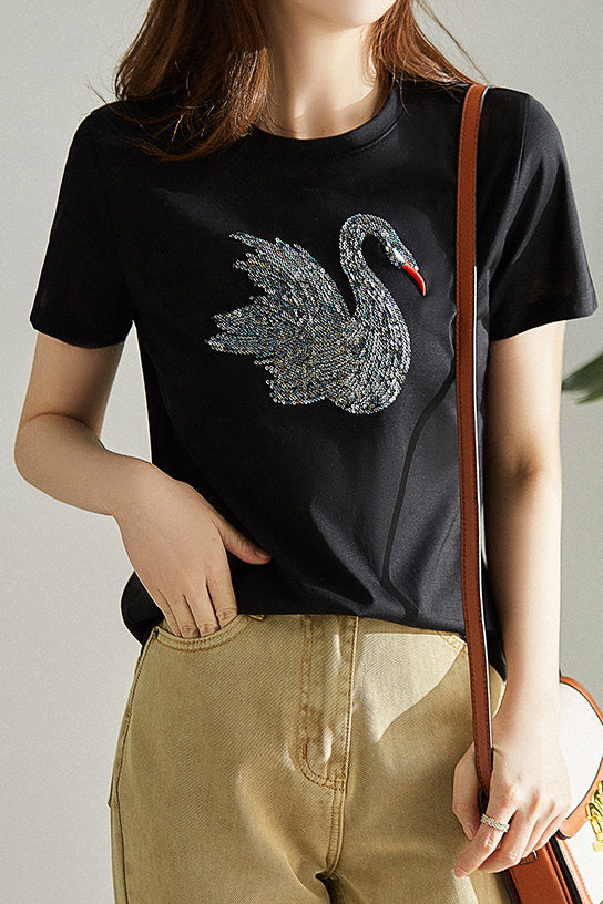 Elegant Swan Sequin T-Shirt - liwisi
