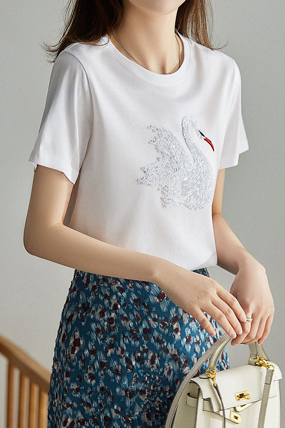 Elegant Swan Sequin T-Shirt - liwisi