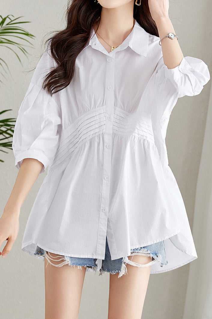 Waist-Defined Medium Sleeve Shirt - liwisi