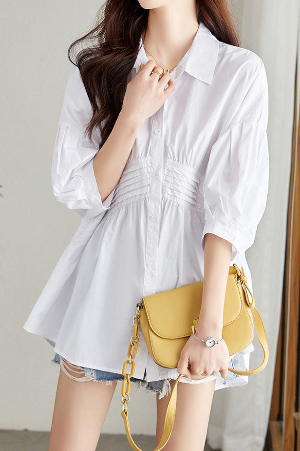 Waist-Defined Medium Sleeve Shirt - liwisi